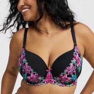 Torrid Black Bra with Pink and Purple Floral Embroidery